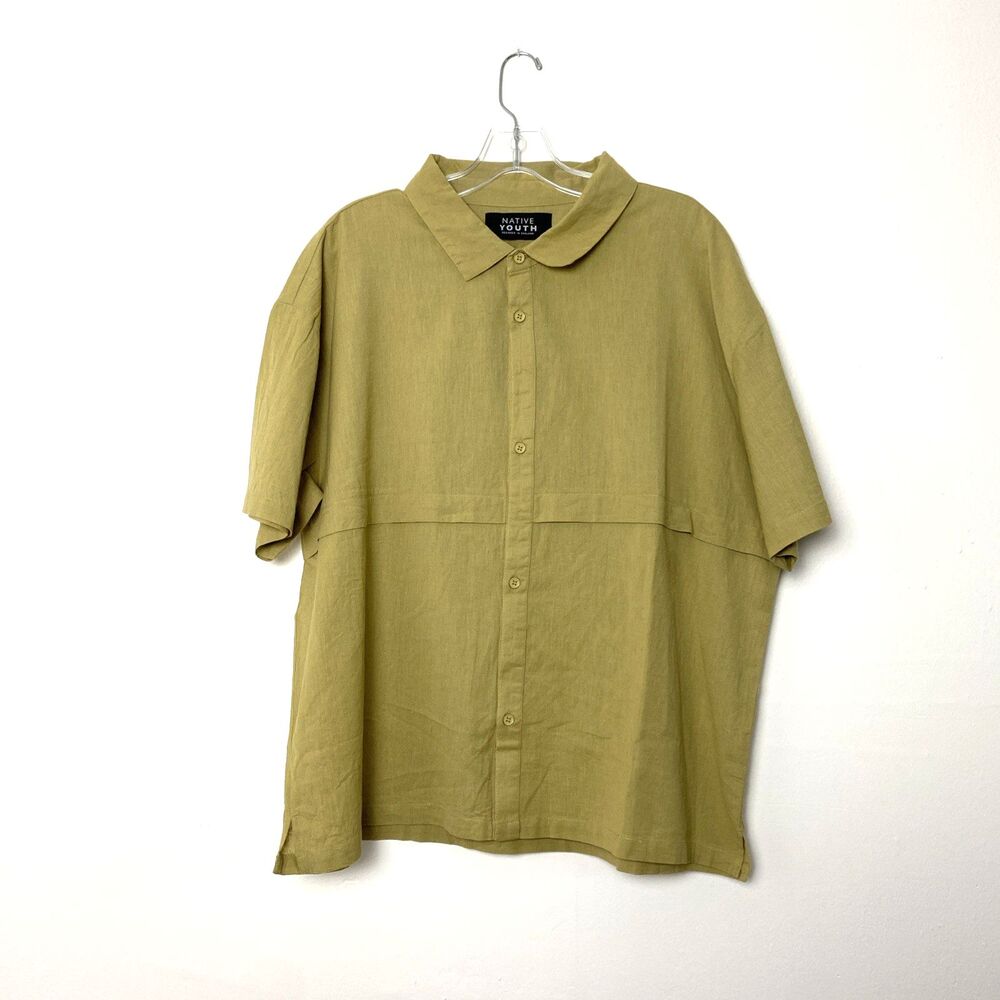 Native Youth Button Down Shirt Size XL Green Linen Blend Short Sleeves Vacation